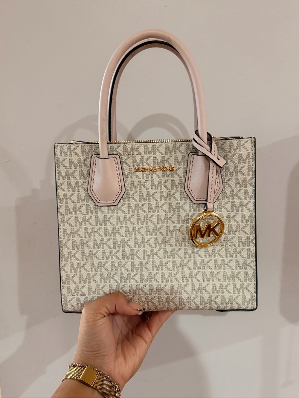 Michael Kors Cream & Light Pink MK Logo Satchel